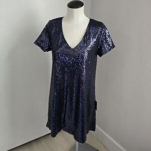 Sparkling Sequin V-Neck Dress In Navy Blue SZ Small